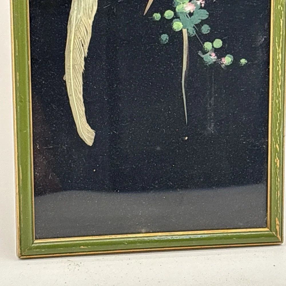 Vtg Mexican Feather Craft Art Bird Picture Wood Frame Multicolored 14.5x6.5